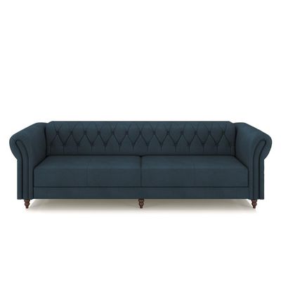 Conjunto Sala de Estar 1 Sofá Living 260cm e 1 Poltrona Stanford Chesterfield Pés Madeira Couro Azul Marinho G58 - Gran Belo