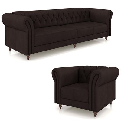 Conjunto Sala de Estar 1 Sofá Living 260cm e 1 Poltrona Stanford Chesterfield Pés Madeira Couro Marrom G58 - Gran Belo
