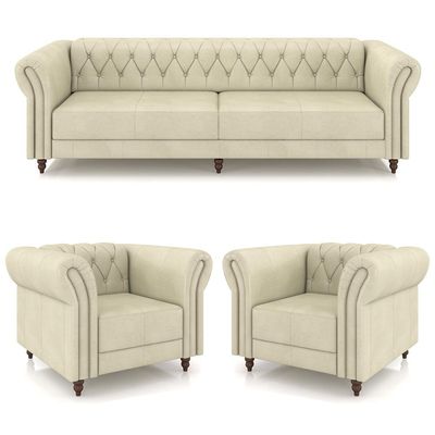 Conjunto Sala de Estar 1 Sofá Living 240cm e 2 Poltronas Stanford Chesterfield Pés Madeira Couro Off White G58 - Gran Belo