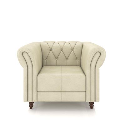 Conjunto Sala de Estar 1 Sofá Living 240cm e 2 Poltronas Stanford Chesterfield Pés Madeira Couro Off White G58 - Gran Belo