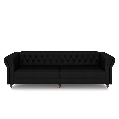 Conjunto Sala de Estar 1 Sofá Living 240cm e 2 Poltronas Stanford Chesterfield Pés Madeira Couro Preto Brilho G58 - Gran Belo
