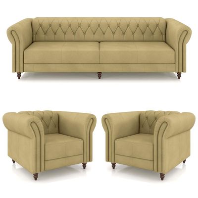 Conjunto Sala de Estar 1 Sofá Living 260cm e 2 Poltronas Stanford Chesterfield Pés Madeira Couro Bege G58 - Gran Belo
