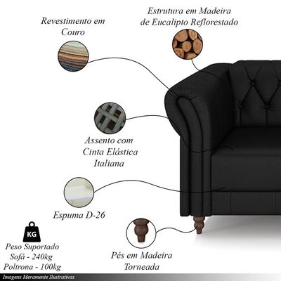 Conjunto Sala de Estar 1 Sofá Living 240cm e 2 Poltronas Stanford Chesterfield Pés Madeira Couro Preto Brilho G58 - Gran Belo