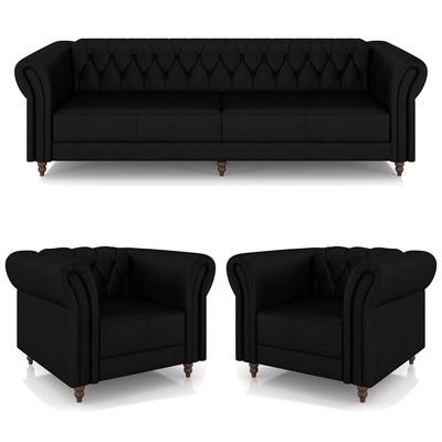 Conjunto Sala de Estar 1 Sofá Living 240cm e 2 Poltronas Stanford Chesterfield Pés Madeira Couro Preto Brilho G58 - Gran Belo