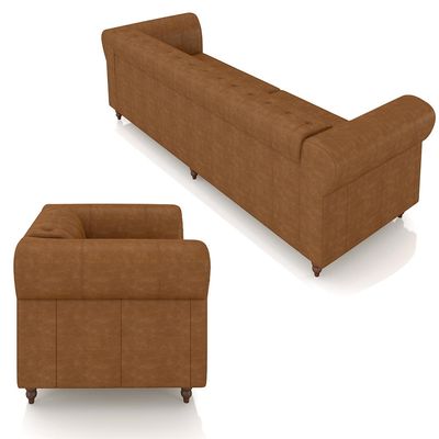 Conjunto Sala de Estar 1 Sofá Living 240cm e 2 Poltronas Stanford Chesterfield Pés Madeira Couro Mel Manchado G58 - Gran Belo