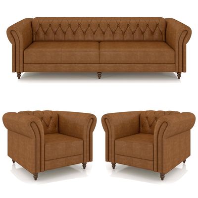 Conjunto Sala de Estar 1 Sofá Living 240cm e 2 Poltronas Stanford Chesterfield Pés Madeira Couro Mel Manchado G58 - Gran Belo