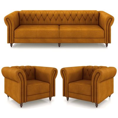 Conjunto Sala de Estar 1 Sofá Living 240cm e 2 Poltronas Stanford Chesterfield Pés Madeira Couro Mel G58 - Gran Belo