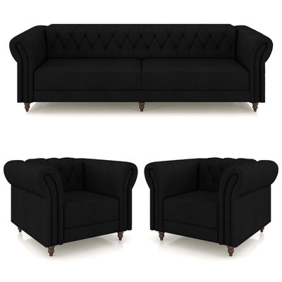 Conjunto Sala de Estar 1 Sofá Living 240cm e 2 Poltronas Stanford Chesterfield Pés Madeira Couro Preto G58 - Gran Belo