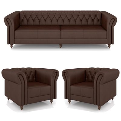 Conjunto Sala de Estar 1 Sofá Living 240cm e 2 Poltronas Stanford Chesterfield Pés Madeira Couro Marrom Brilho G58 - Gran Belo