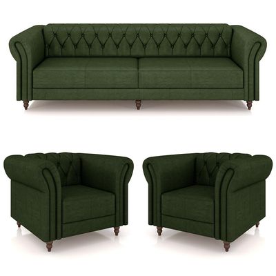 Conjunto Sala de Estar 1 Sofá Living 240cm e 2 Poltronas Stanford Chesterfield Pés Madeira Couro Verde Manchado G58 - Gran Belo