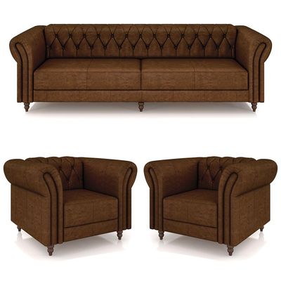 Conjunto Sala de Estar 1 Sofá Living 240cm e 2 Poltronas Stanford Chesterfield Pés Madeira Couro Marrom Manchado G58 - Gran Belo