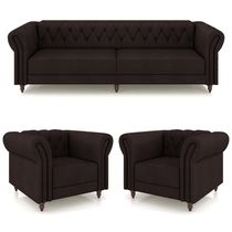 Conjunto Sala de Estar 1 Sofá Living 240cm e 2 Poltronas Stanford Chesterfield Pés Madeira Couro Marrom G58 - Gran Belo