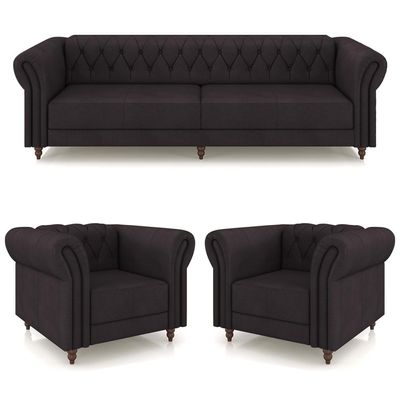 Conjunto Sala de Estar 1 Sofá Living 240cm e 2 Poltronas Stanford Chesterfield Pés Madeira Couro Borgonha G58 - Gran Belo