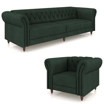 Conjunto Sala de Estar 1 Sofá Living 240cm e 1 Poltrona Stanford Chesterfield Pés Madeira Couro Verde G58 - Gran Belo