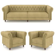 Conjunto Sala de Estar 1 Sofá Living 240cm e 2 Poltronas Stanford Chesterfield Pés Madeira Couro Bege G58 - Gran Belo