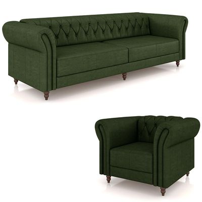Conjunto Sala de Estar 1 Sofá Living 240cm e 1 Poltrona Stanford Chesterfield Pés Madeira Couro Verde Manchado G58 - Gran Belo