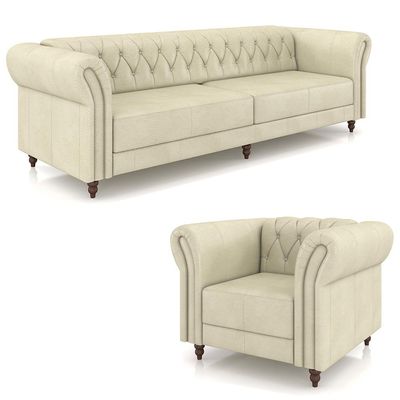 Conjunto Sala de Estar 1 Sofá Living 240cm e 1 Poltrona Stanford Chesterfield Pés Madeira Couro Off White G58 - Gran Belo