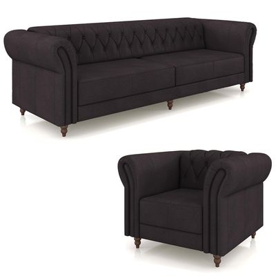 Conjunto Sala de Estar 1 Sofá Living 240cm e 1 Poltrona Stanford Chesterfield Pés Madeira Couro Borgonha G58 - Gran Belo