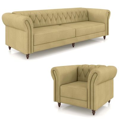 Conjunto Sala de Estar 1 Sofá Living 240cm e 1 Poltrona Stanford Chesterfield Pés Madeira Couro Bege G58 - Gran Belo