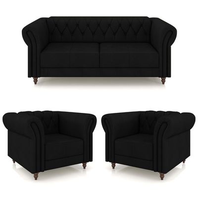 Conjunto Sala de Estar 1 Sofá Living 220cm e 2 Poltronas Stanford Chesterfield Pés Madeira Couro Preto G58 - Gran Belo