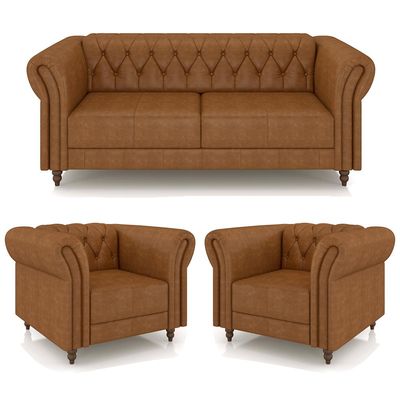 Conjunto Sala de Estar 1 Sofá Living 220cm e 2 Poltronas Stanford Chesterfield Pés Madeira Couro Mel Manchado G58 - Gran Belo