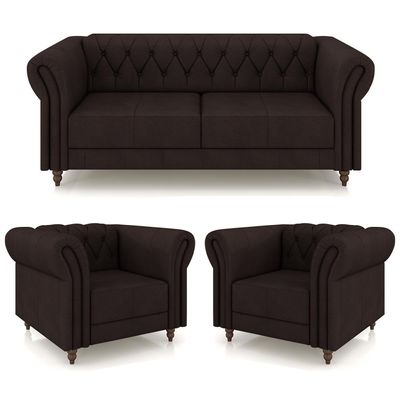 Conjunto Sala de Estar 1 Sofá Living 220cm e 2 Poltronas Stanford Chesterfield Pés Madeira Couro Marrom G58 - Gran Belo
