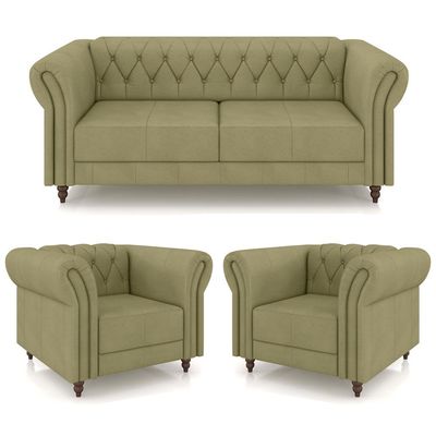 Conjunto Sala de Estar 1 Sofá Living 220cm e 2 Poltronas Stanford Chesterfield Pés Madeira Couro Fendi G58 - Gran Belo