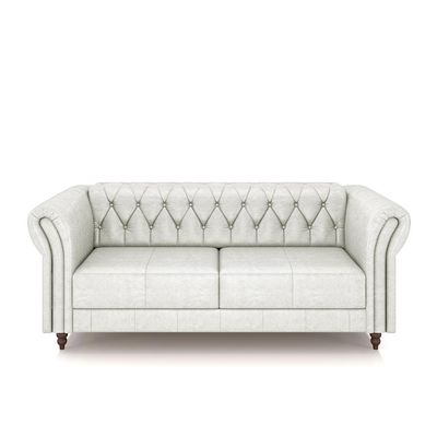Conjunto Sala de Estar 1 Sofá Living 220cm e 2 Poltronas Stanford Chesterfield Pés Madeira Couro Branco Manchado G58 - Gran Belo
