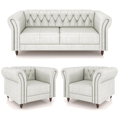 Conjunto Sala de Estar 1 Sofá Living 220cm e 2 Poltronas Stanford Chesterfield Pés Madeira Couro Branco Manchado G58 - Gran Belo