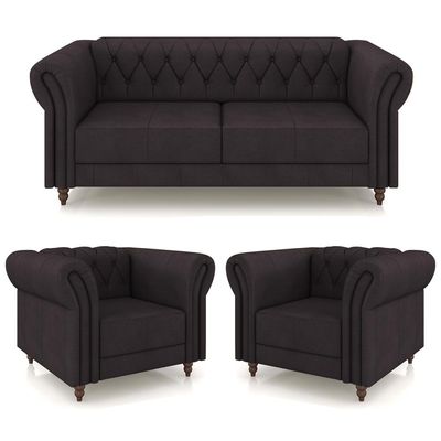 Conjunto Sala de Estar 1 Sofá Living 220cm e 2 Poltronas Stanford Chesterfield Pés Madeira Couro Borgonha G58 - Gran Belo
