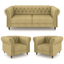 Conjunto Sala de Estar 1 Sofá Living 220cm e 2 Poltronas Stanford Chesterfield Pés Madeira Couro Bege G58 - Gran Belo