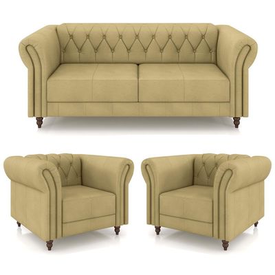 Conjunto Sala de Estar 1 Sofá Living 220cm e 2 Poltronas Stanford Chesterfield Pés Madeira Couro Bege G58 - Gran Belo