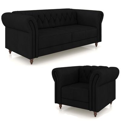 Conjunto Sala de Estar 1 Sofá Living 220cm e 1 Poltrona Stanford Chesterfield Pés Madeira Couro Preto G58 - Gran Belo