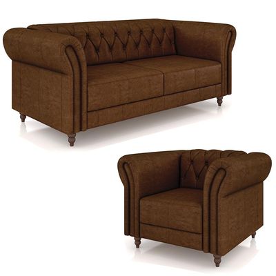 Conjunto Sala de Estar 1 Sofá Living 220cm e 1 Poltrona Stanford Chesterfield Pés Madeira Couro Marrom Manchado G58 - Gran Belo