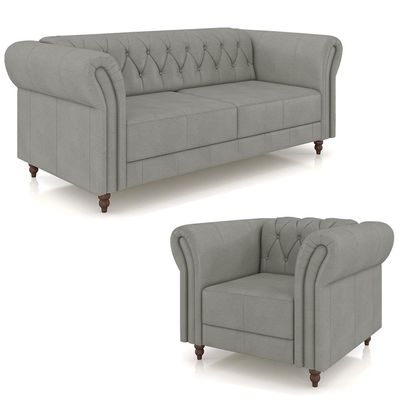 Conjunto Sala de Estar 1 Sofá Living 220cm e 1 Poltrona Stanford Chesterfield Pés Madeira Couro Cinza G58 - Gran Belo