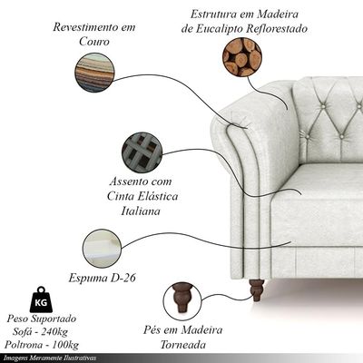 Conjunto Sala de Estar 1 Sofá Living 220cm e 1 Poltrona Stanford Chesterfield Pés Madeira Couro Branco Manchado G58 - Gran Belo