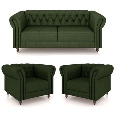 Conjunto Sala de Estar 1 Sofá Living 200cm e 2 Poltronas Stanford Chesterfield Pés Madeira Couro Verde Manchado G58 - Gran Belo