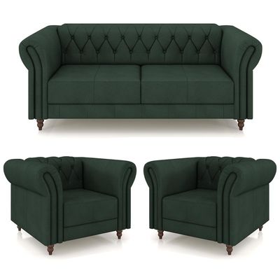 Conjunto Sala de Estar 1 Sofá Living 200cm e 2 Poltronas Stanford Chesterfield Pés Madeira Couro Verde G58 - Gran Belo