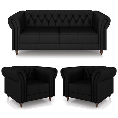Conjunto Sala de Estar 1 Sofá Living 200cm e 2 Poltronas Stanford Chesterfield Pés Madeira Couro Preto Brilho G58 - Gran Belo