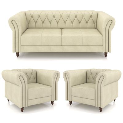 Conjunto Sala de Estar 1 Sofá Living 200cm e 2 Poltronas Stanford Chesterfield Pés Madeira Couro Off White G58 - Gran Belo