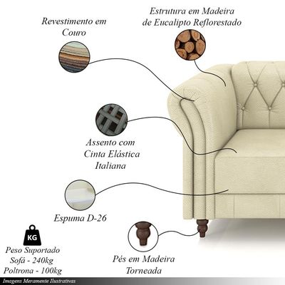 Conjunto Sala de Estar 1 Sofá Living 200cm e 2 Poltronas Stanford Chesterfield Pés Madeira Couro Off White G58 - Gran Belo