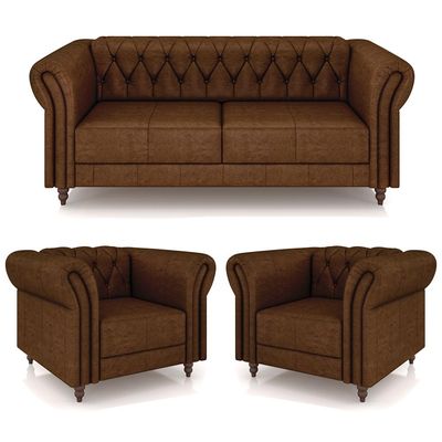 Conjunto Sala de Estar 1 Sofá Living 200cm e 2 Poltronas Stanford Chesterfield Pés Madeira Couro Marrom Manchado G58 - Gran Belo