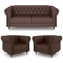 Conjunto Sala de Estar 1 Sofá Living 200cm e 2 Poltronas Stanford Chesterfield Pés Madeira Couro Marrom Brilho G58 - Gran Belo