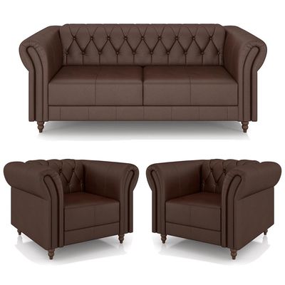 Conjunto Sala de Estar 1 Sofá Living 200cm e 2 Poltronas Stanford Chesterfield Pés Madeira Couro Marrom Brilho G58 - Gran Belo