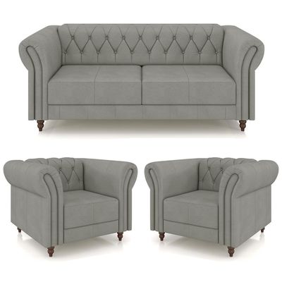 Conjunto Sala de Estar 1 Sofá Living 200cm e 2 Poltronas Stanford Chesterfield Pés Madeira Couro Cinza G58 - Gran Belo