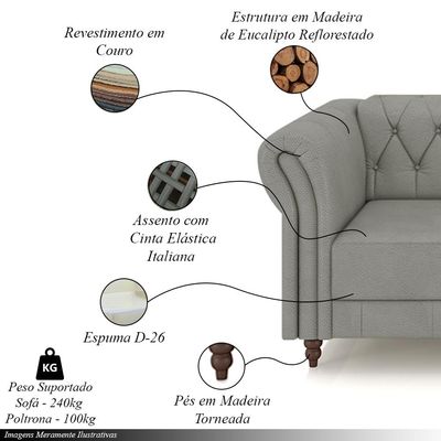 Conjunto Sala de Estar 1 Sofá Living 200cm e 2 Poltronas Stanford Chesterfield Pés Madeira Couro Cinza G58 - Gran Belo