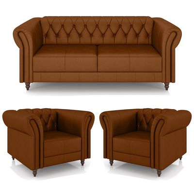 Conjunto Sala de Estar 1 Sofá Living 200cm e 2 Poltronas Stanford Chesterfield Pés Madeira Couro Caramelo G58 - Gran Belo