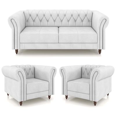 Conjunto Sala de Estar 1 Sofá Living 200cm e 2 Poltronas Stanford Chesterfield Pés Madeira Couro Branco G58 - Gran Belo