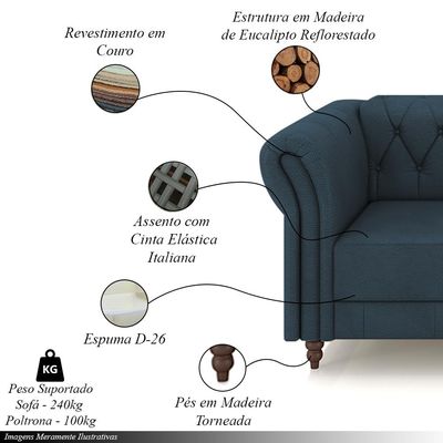 Conjunto Sala de Estar 1 Sofá Living 200cm e 2 Poltronas Stanford Chesterfield Pés Madeira Couro Azul Marinho G58 - Gran Belo