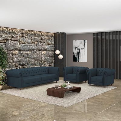Conjunto Sala de Estar 1 Sofá Living 200cm e 2 Poltronas Stanford Chesterfield Pés Madeira Couro Azul Marinho G58 - Gran Belo